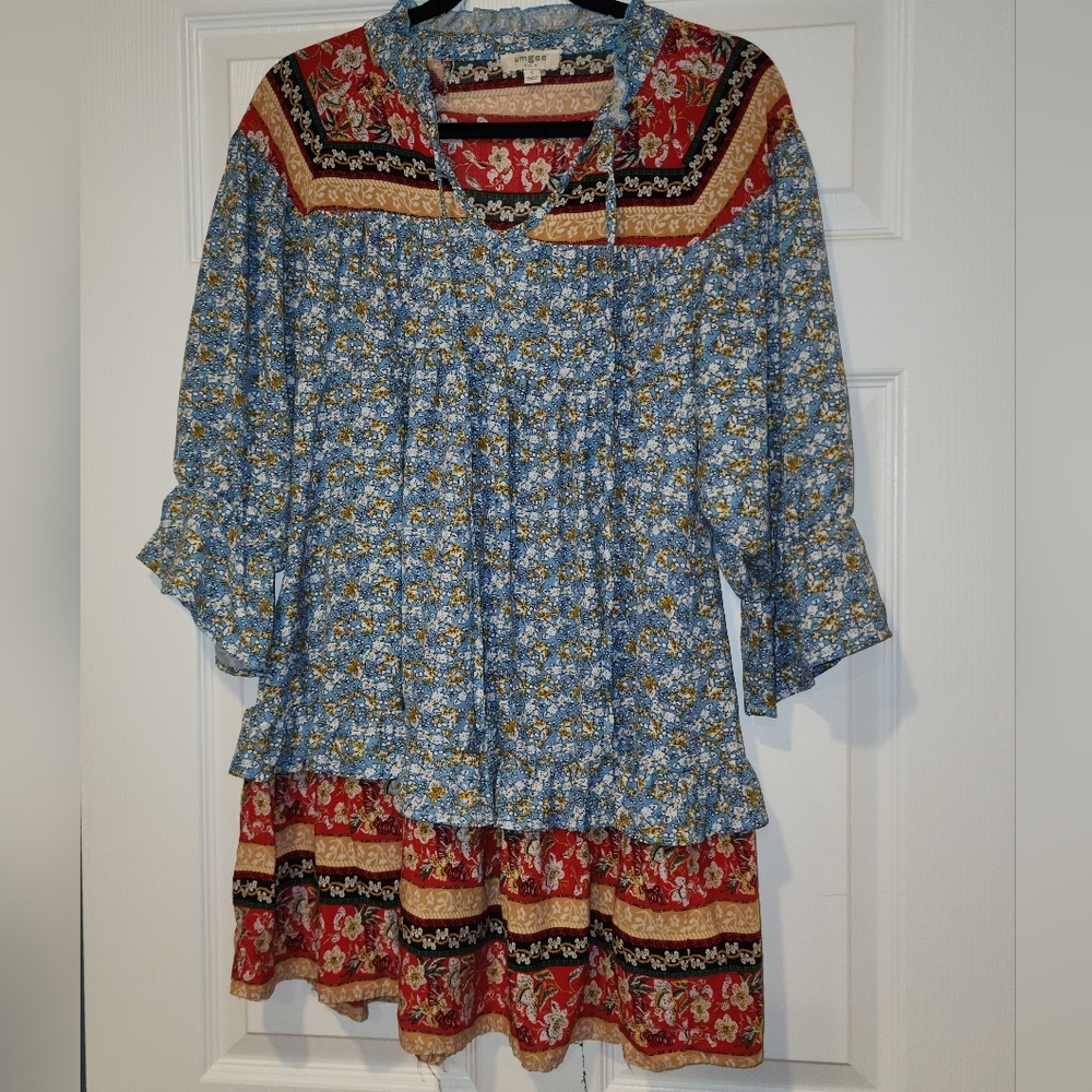 Umgee Boho Floral Dress | Light Blue | Ruffle Hem | Tie Neckline | Size S